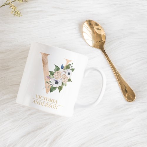 Modern Gold Watercolor Flower Letter V  Monogram  Coffee Mug