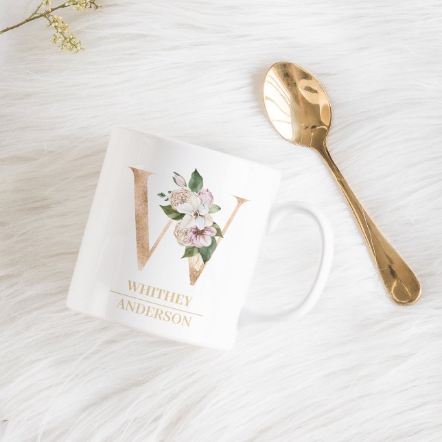 Modern Gold Watercolor Flower Letter W | Monogram  Coffee Mug (Creator Uploaded)