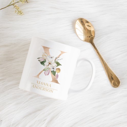 Modern Gold Watercolor Flower Letter X  Monogram  Coffee Mug