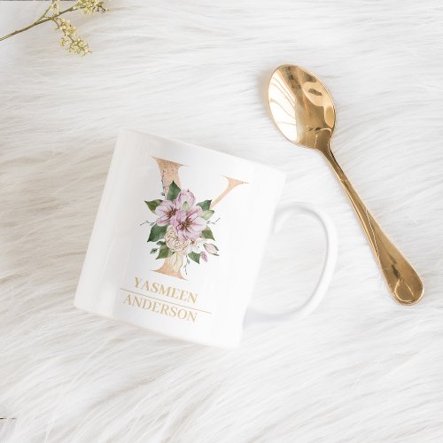 Modern Gold Watercolor Flower Letter Y  Monogram  Coffee Mug