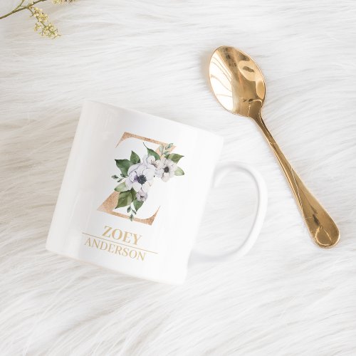 Modern Gold Watercolor Flower Letter Z  Monogram  Coffee Mug