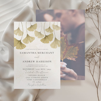 Modern Gold Watercolor Ginkgo leaf Wedding Invitation
