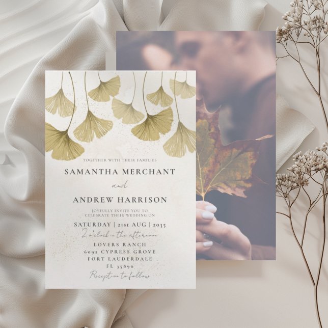 Modern Gold Watercolor Ginkgo leaf Wedding Invitation (Creator Uploaded)