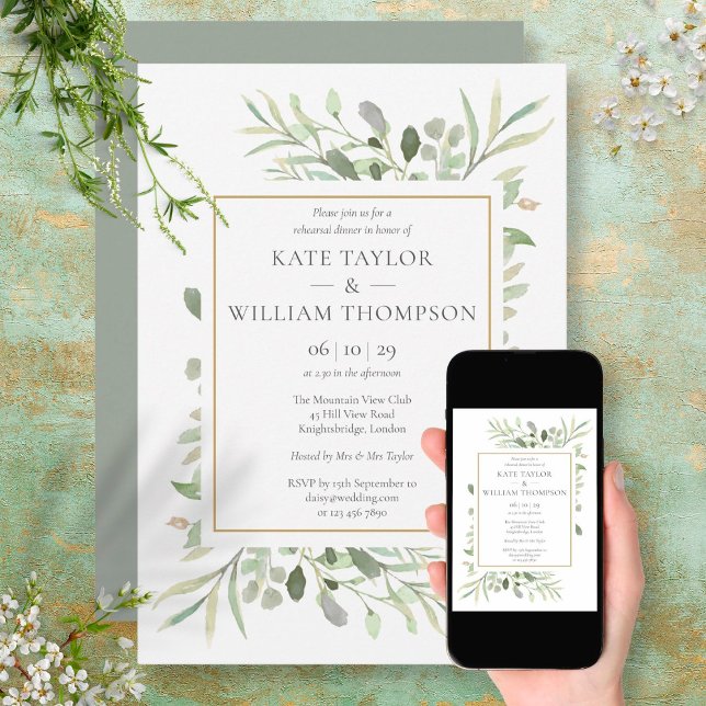 Modern Gold Watercolor Greenery Rehearsal Dinner Invitation (Creator Uploaded)
