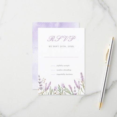 Modern Gold  Watercolor Lavender Floral Wedding RSVP Card