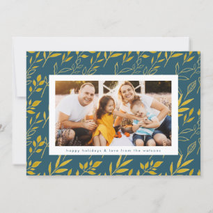 Modern Gold Watercolor Leaves Photo Christmas Holiday Card