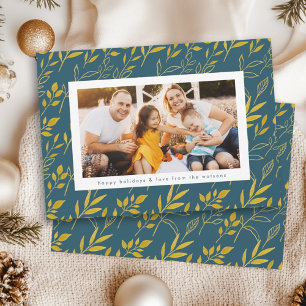 Modern Gold Watercolor Leaves Photo Christmas Holiday Card