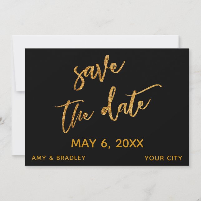 Modern Gold Waves and Handwriting Black Save The Date (Front)
