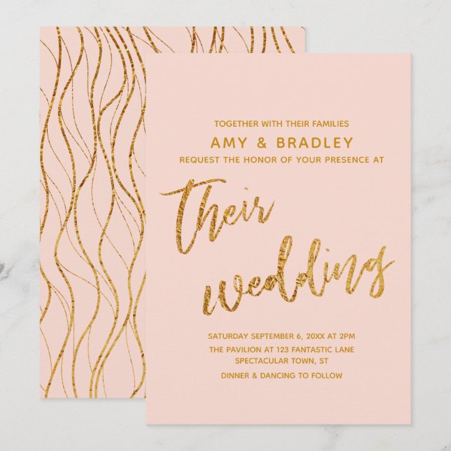 Modern Gold Waves and Handwriting Blush Wedding Invitation (Front/Back)