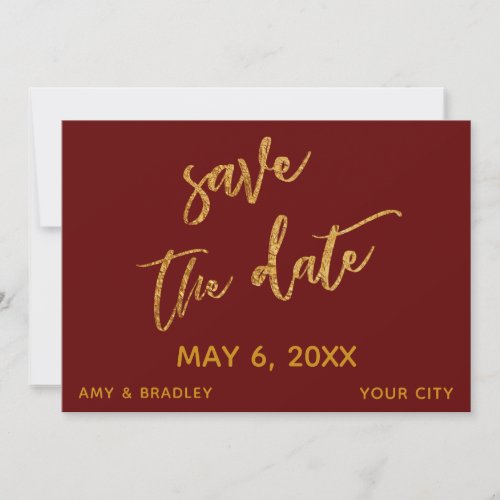 Modern Gold Waves and Handwriting Burgundy Red Save The Date