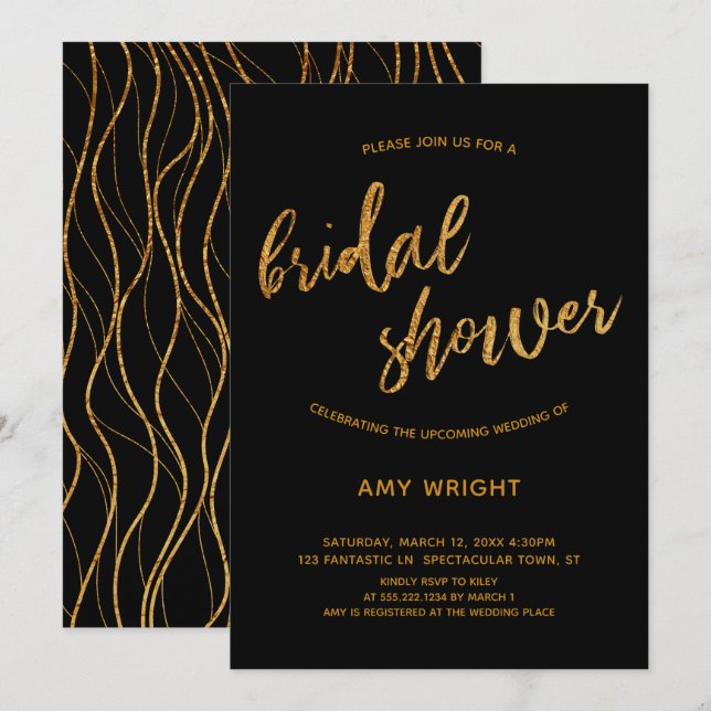 Modern Gold Waves Handwriting Black Bridal Shower Invitation (Front/Back)