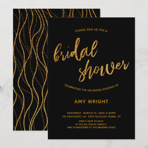 Modern Gold Waves Handwriting Black Bridal Shower Invitation