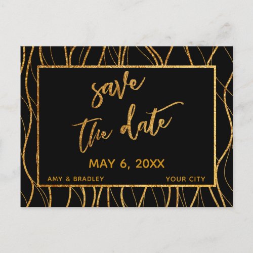 Modern Gold Waves Handwriting Black Save the Date Announcement Postcard