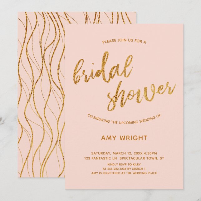 Modern Gold Waves Handwriting Blush Bridal Shower Invitation (Front/Back)