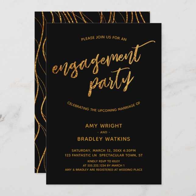 Modern Gold Waves Handwriting on Black Engagement Invitation (Front/Back)