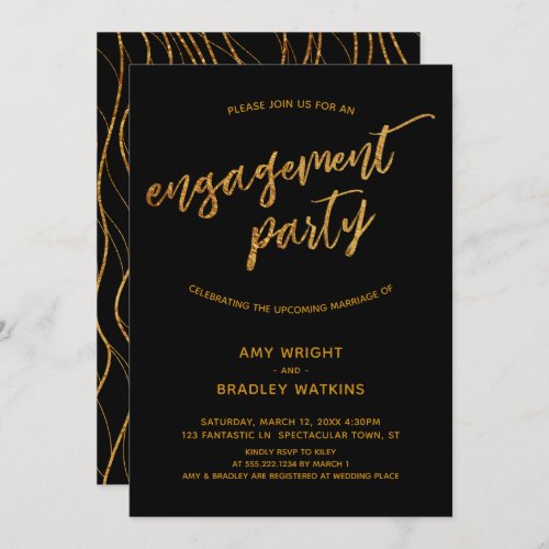 Modern Gold Waves Handwriting on Black Engagement Invitation