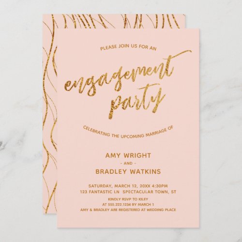 Modern Gold Waves Handwriting on Blush Engagement Invitation