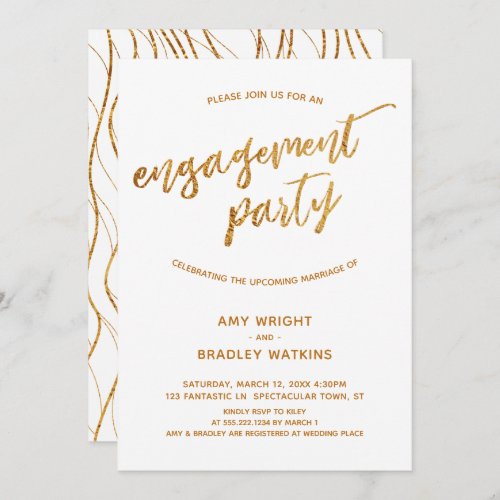 Modern Gold Waves Handwriting on White Engagement Invitation