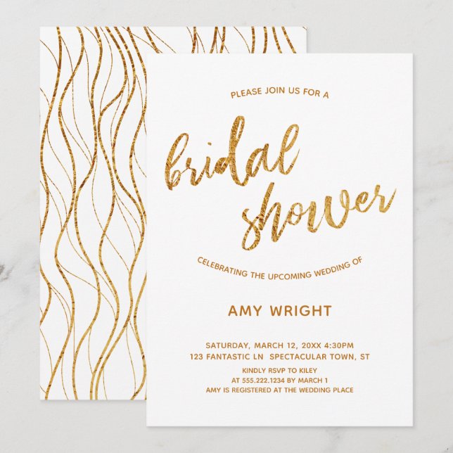 Modern Gold Waves Handwriting White Bridal Shower Invitation (Front/Back)