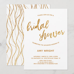 Modern Gold Waves Handwriting White Bridal Shower Invitation