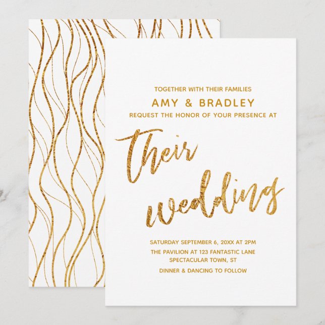 Modern Gold Waves Handwriting White Wedding Invitation (Front/Back)