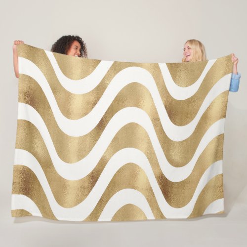 Modern Gold Waves Stripes Retro Summer Fleece Blanket