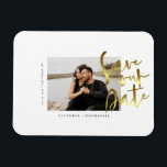Modern Gold Wedding Photo Save The Date Magnet<br><div class="desc">Design features your awesome photo with Save The Date phrase in a modern gold script.  Easily customize with important information of choice.  Will compliment any modern wedding theme,  and any season.</div>