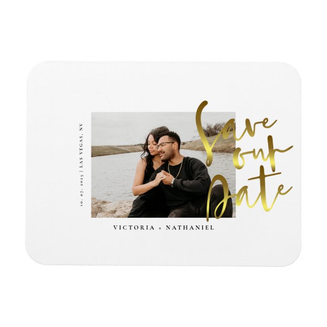 Modern Gold Wedding Photo Save The Date Magnet (Horizontal)