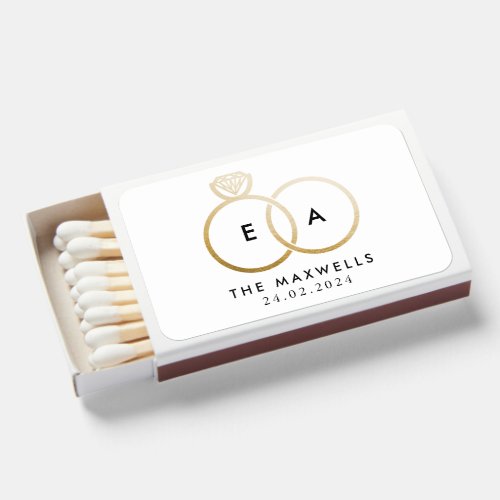 Modern Gold Wedding Rings Monogram Favor Matchboxes