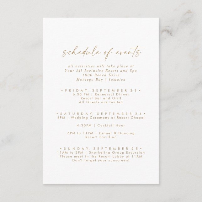 Modern Gold Wedding Weekend Schedule of Events Enclosure Card (Front)