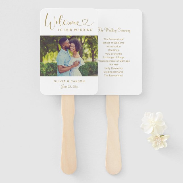 Modern Gold Welcome Wedding Photo Program Hand Fan (Front and Back)
