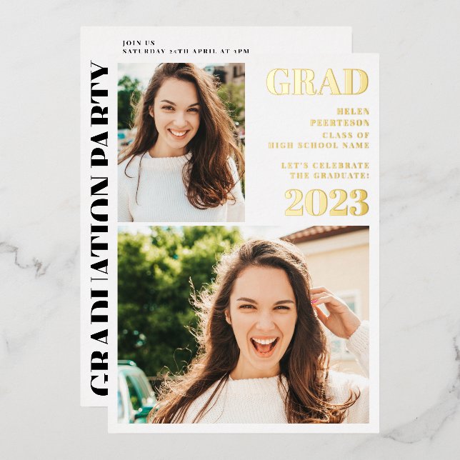 Modern gold white 3 photos graduation foil invitation (Front/Back)