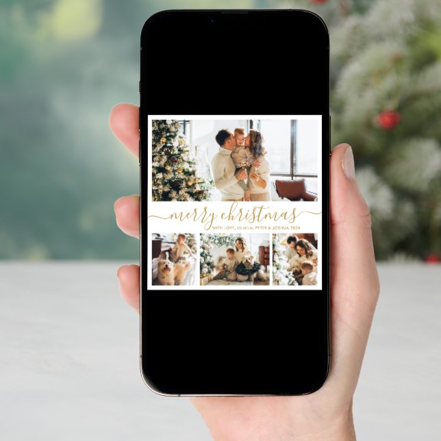 Modern Gold White 4 Photo Collage Christmas Holiday Card (Front Digital)