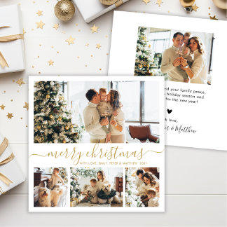 Modern Gold White 4 Photo Collage Christmas Holiday Card
