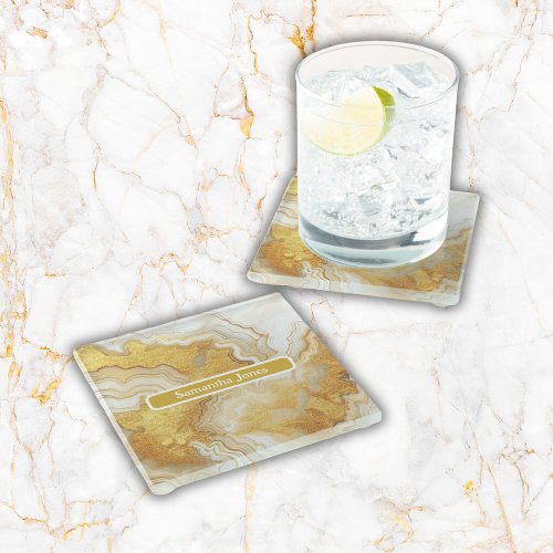 Modern Gold  White Agate Geode Monogram   Glass Coaster