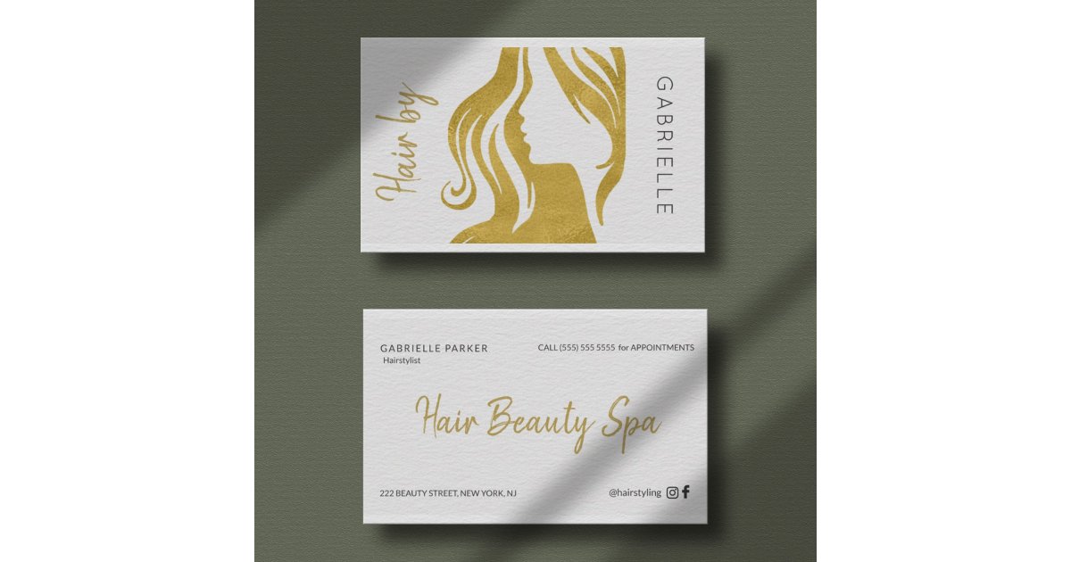 Modern gold white and black script hair stylist business card | Zazzle