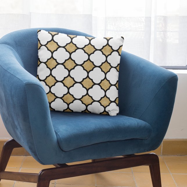 Modern Gold White Black Geometric Quatrefoil Throw Pillow (Creator Uploaded)