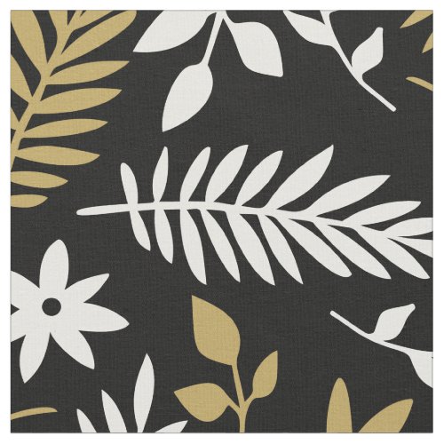 Modern Gold White Botanical Leaves Floral on Black Fabric