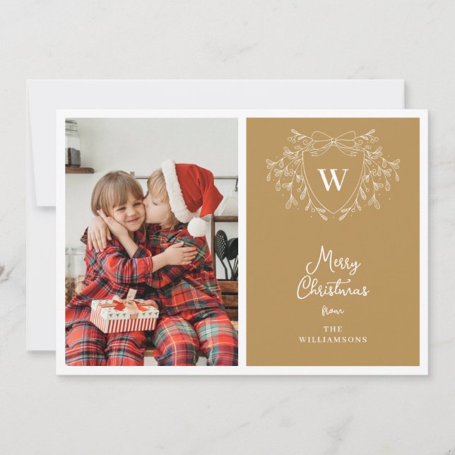 Modern gold & white classy crest 2 photos holiday card (Front)