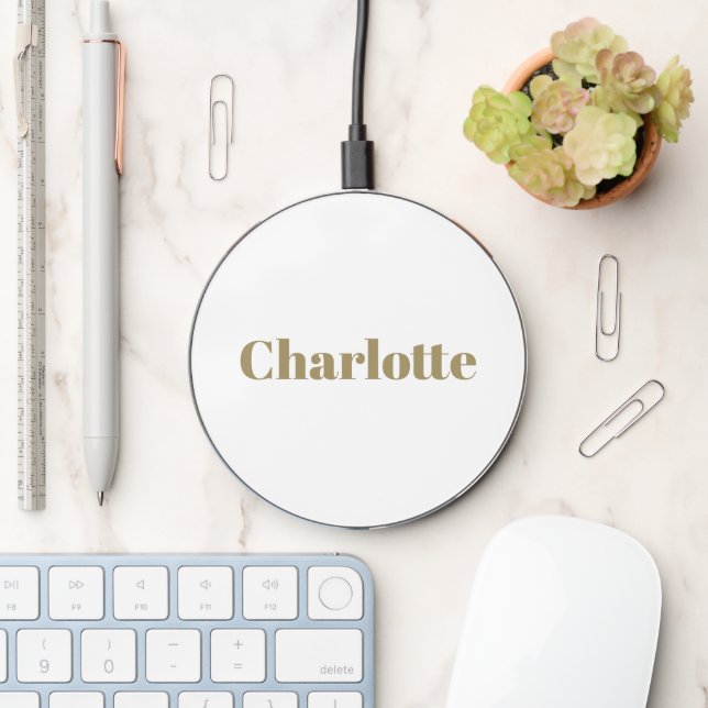 Modern gold white custom serif name stylish cute wireless charger  (Desk)