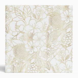 Modern Gold White Floral Doodles line art 3 Ring Binder