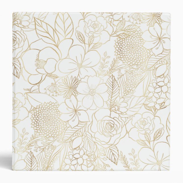 Modern Gold White Floral Doodles line art 3 Ring Binder (Front)