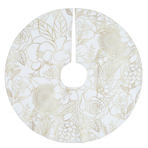 Modern Gold White Floral Doodles line art Brushed Polyester Tree Skirt
