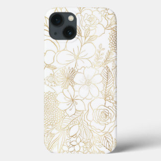 Modern Gold White Floral Doodles line art iPhone 13 Case