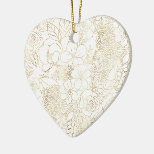 Modern Gold White Floral Doodles line art Ceramic Ornament