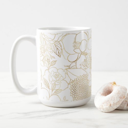 Modern Gold White Floral Doodles line art Coffee Mug