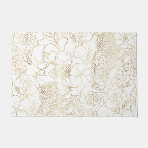 Modern Gold White Floral Doodles line art Doormat