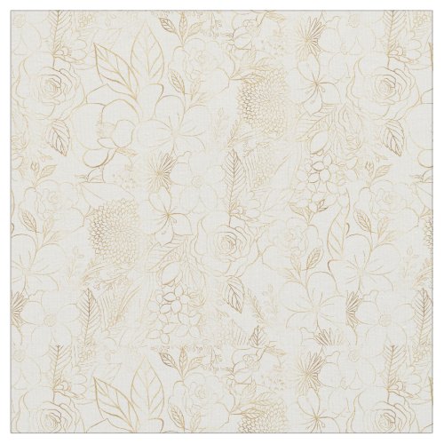 Modern Gold White Floral Doodles line art Fabric