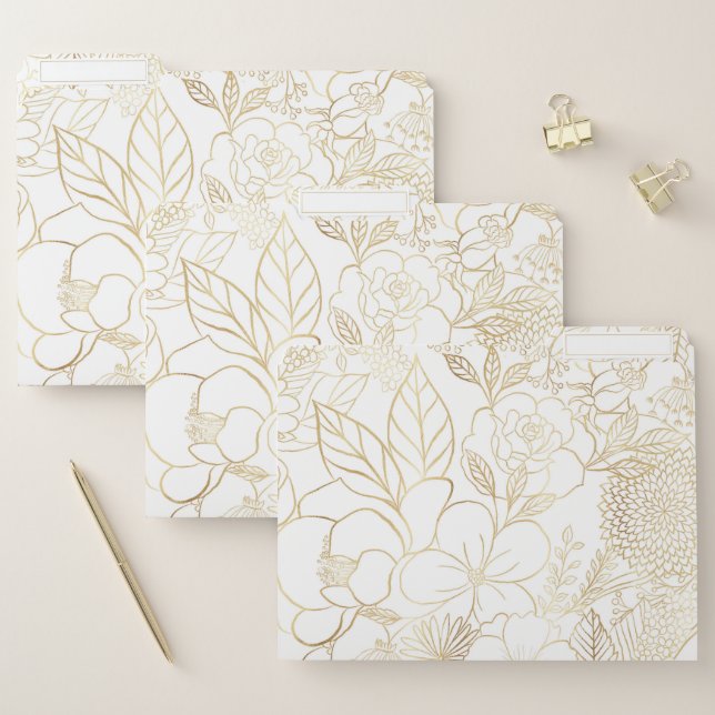 Modern Gold White Floral Doodles line art File Folder (Set)