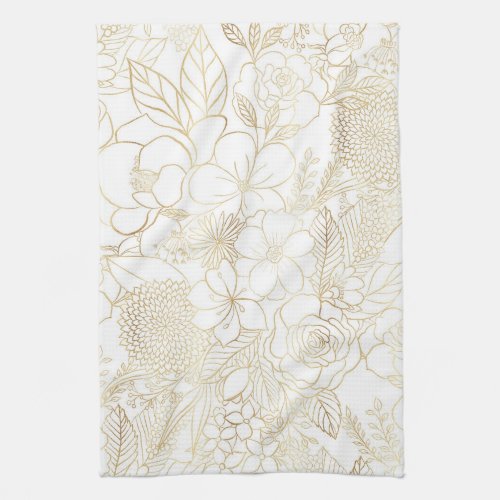 Modern Gold White Floral Doodles line art Kitchen Towel
